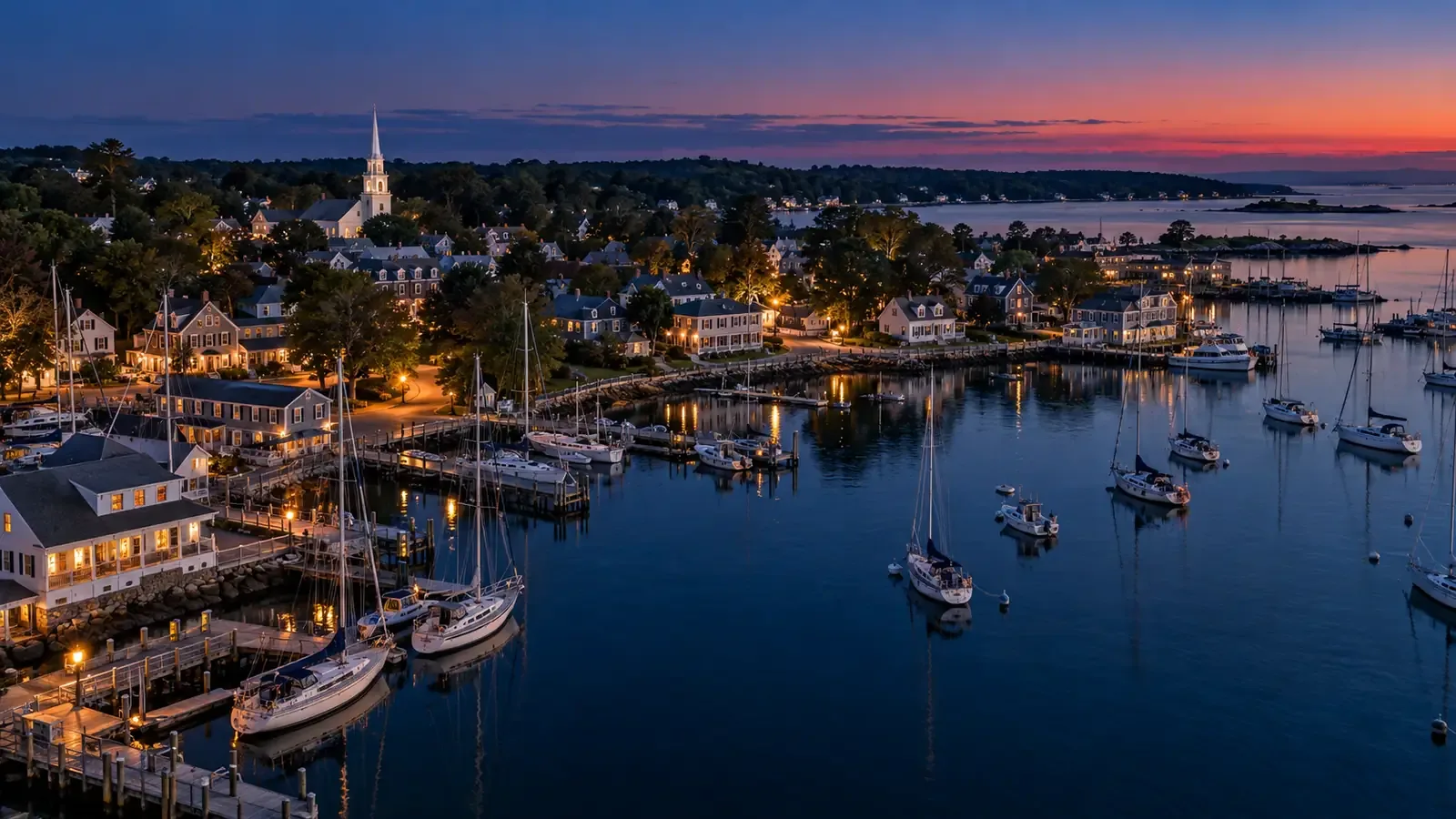 The Darien waterfront at blue hour, houses along the shore